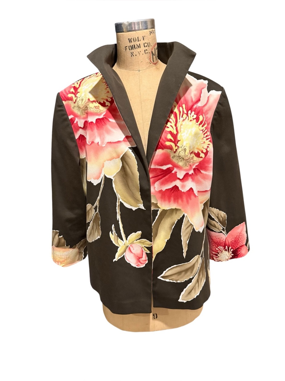 Vintage Linda Allard Ellen Tracy Olive Floral Jacket Blazer Size 14